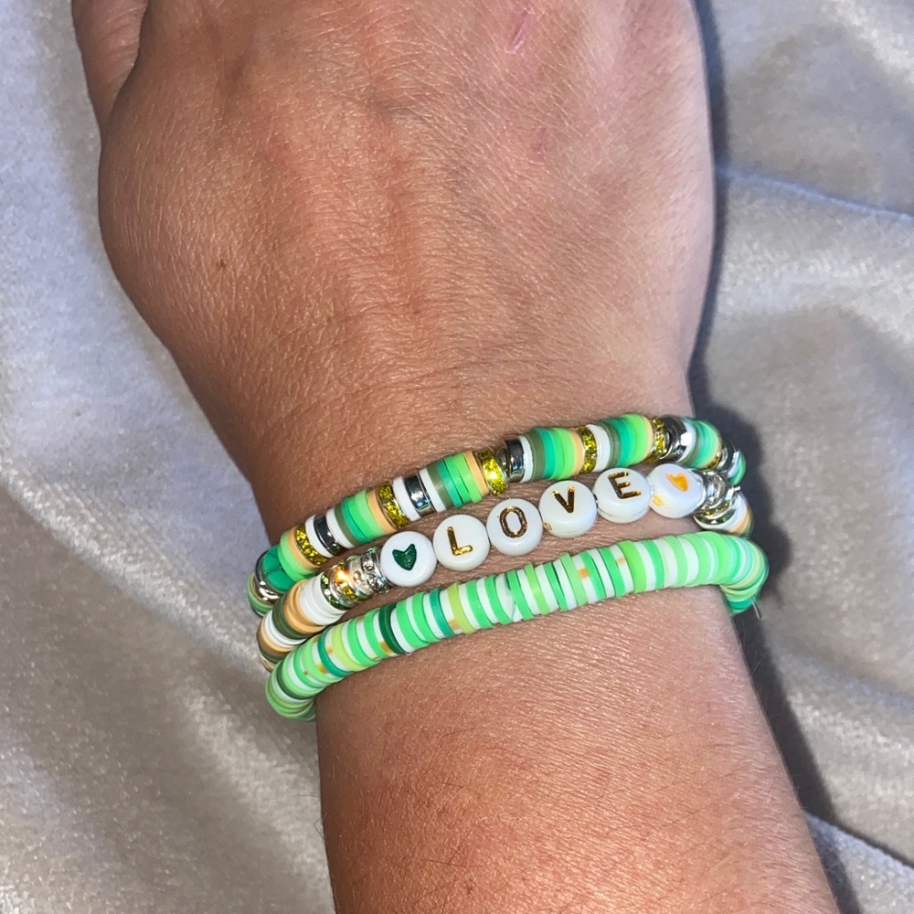 Handmade clay beads, Green and Gold Bracelets Set of 3. Packers theme 🏈